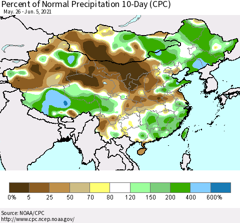 China, Mongolia and Taiwan Percent of Normal Precipitation 10-Day (CPC) Thematic Map For 5/26/2021 - 6/5/2021