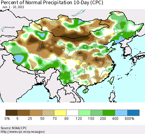 China, Mongolia and Taiwan Percent of Normal Precipitation 10-Day (CPC) Thematic Map For 6/1/2021 - 6/10/2021