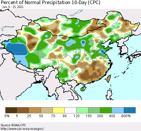 China, Mongolia and Taiwan Percent of Normal Precipitation 10-Day (CPC) Thematic Map For 6/6/2021 - 6/15/2021