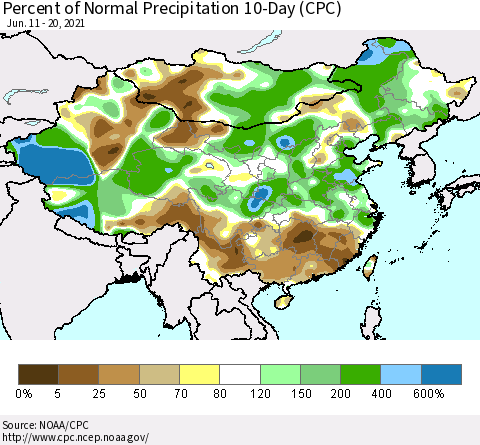China, Mongolia and Taiwan Percent of Normal Precipitation 10-Day (CPC) Thematic Map For 6/11/2021 - 6/20/2021