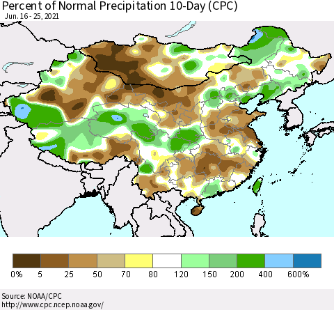 China, Mongolia and Taiwan Percent of Normal Precipitation 10-Day (CPC) Thematic Map For 6/16/2021 - 6/25/2021