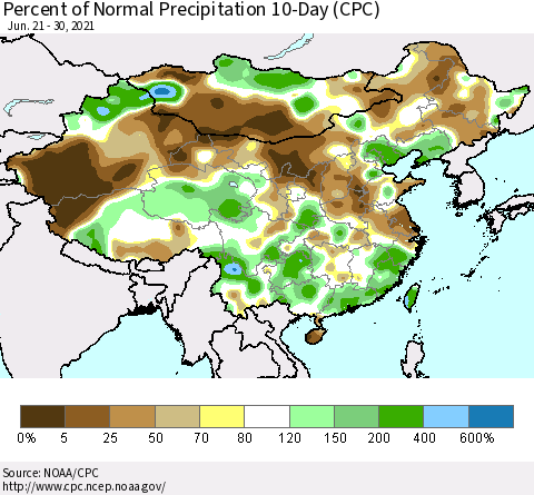 China, Mongolia and Taiwan Percent of Normal Precipitation 10-Day (CPC) Thematic Map For 6/21/2021 - 6/30/2021