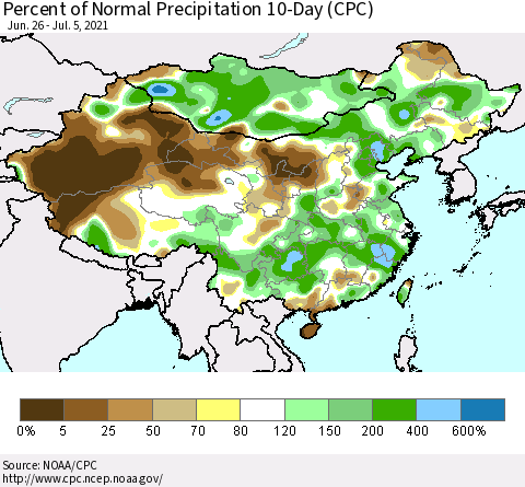China, Mongolia and Taiwan Percent of Normal Precipitation 10-Day (CPC) Thematic Map For 6/26/2021 - 7/5/2021
