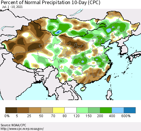 China, Mongolia and Taiwan Percent of Normal Precipitation 10-Day (CPC) Thematic Map For 7/1/2021 - 7/10/2021