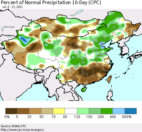 China, Mongolia and Taiwan Percent of Normal Precipitation 10-Day (CPC) Thematic Map For 7/6/2021 - 7/15/2021