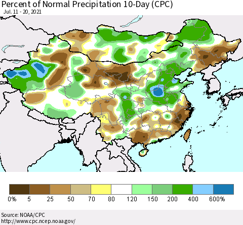 China, Mongolia and Taiwan Percent of Normal Precipitation 10-Day (CPC) Thematic Map For 7/11/2021 - 7/20/2021