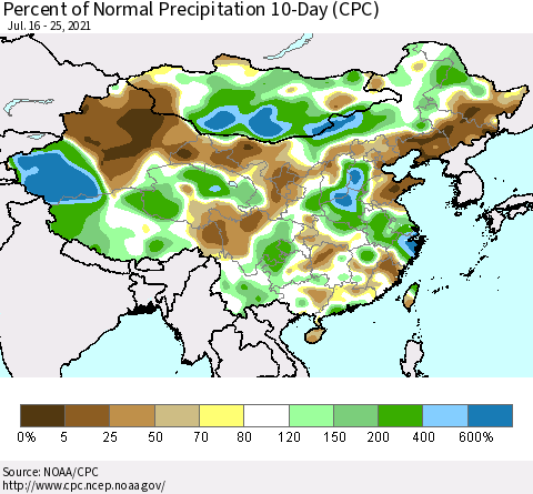 China, Mongolia and Taiwan Percent of Normal Precipitation 10-Day (CPC) Thematic Map For 7/16/2021 - 7/25/2021