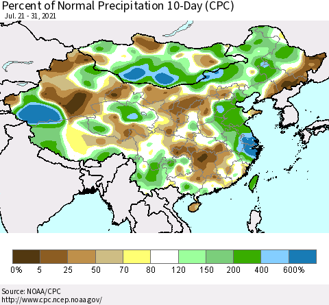 China, Mongolia and Taiwan Percent of Normal Precipitation 10-Day (CPC) Thematic Map For 7/21/2021 - 7/31/2021