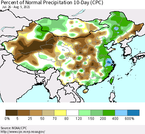 China, Mongolia and Taiwan Percent of Normal Precipitation 10-Day (CPC) Thematic Map For 7/26/2021 - 8/5/2021