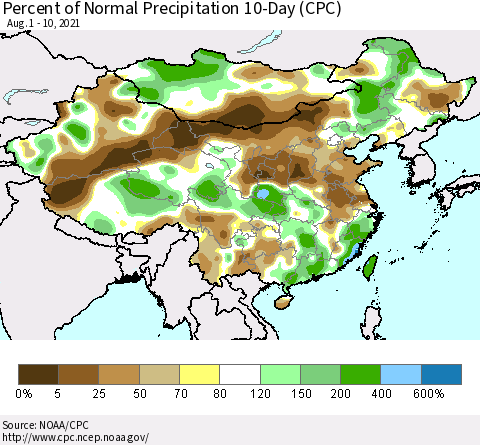China, Mongolia and Taiwan Percent of Normal Precipitation 10-Day (CPC) Thematic Map For 8/1/2021 - 8/10/2021