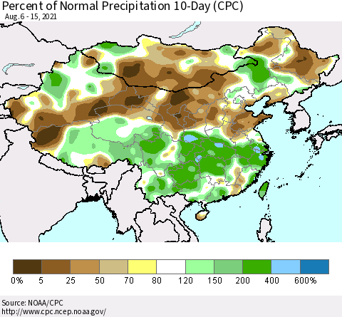 China, Mongolia and Taiwan Percent of Normal Precipitation 10-Day (CPC) Thematic Map For 8/6/2021 - 8/15/2021