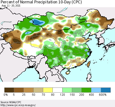 China, Mongolia and Taiwan Percent of Normal Precipitation 10-Day (CPC) Thematic Map For 8/11/2021 - 8/20/2021