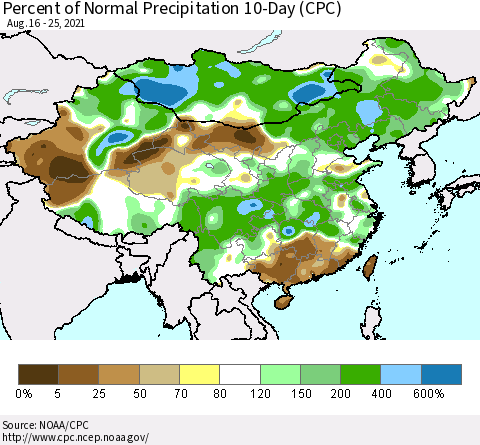 China, Mongolia and Taiwan Percent of Normal Precipitation 10-Day (CPC) Thematic Map For 8/16/2021 - 8/25/2021