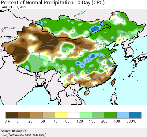 China, Mongolia and Taiwan Percent of Normal Precipitation 10-Day (CPC) Thematic Map For 8/21/2021 - 8/31/2021