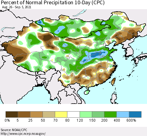 China, Mongolia and Taiwan Percent of Normal Precipitation 10-Day (CPC) Thematic Map For 8/26/2021 - 9/5/2021