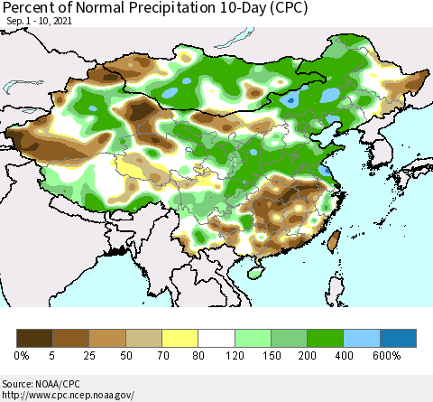 China, Mongolia and Taiwan Percent of Normal Precipitation 10-Day (CPC) Thematic Map For 9/1/2021 - 9/10/2021