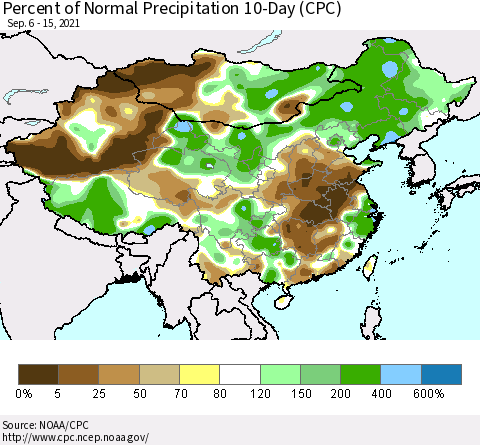 China, Mongolia and Taiwan Percent of Normal Precipitation 10-Day (CPC) Thematic Map For 9/6/2021 - 9/15/2021