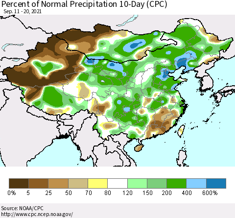 China, Mongolia and Taiwan Percent of Normal Precipitation 10-Day (CPC) Thematic Map For 9/11/2021 - 9/20/2021