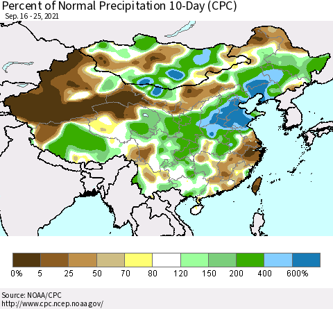 China, Mongolia and Taiwan Percent of Normal Precipitation 10-Day (CPC) Thematic Map For 9/16/2021 - 9/25/2021