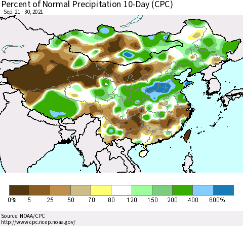 China, Mongolia and Taiwan Percent of Normal Precipitation 10-Day (CPC) Thematic Map For 9/21/2021 - 9/30/2021