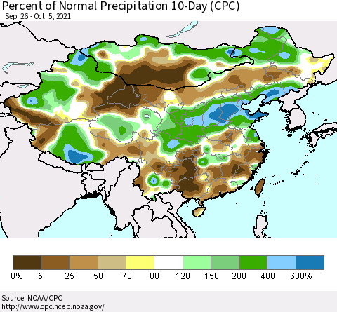 China, Mongolia and Taiwan Percent of Normal Precipitation 10-Day (CPC) Thematic Map For 9/26/2021 - 10/5/2021