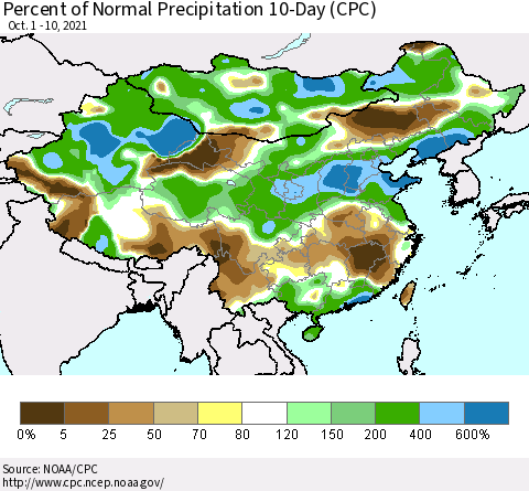 China, Mongolia and Taiwan Percent of Normal Precipitation 10-Day (CPC) Thematic Map For 10/1/2021 - 10/10/2021