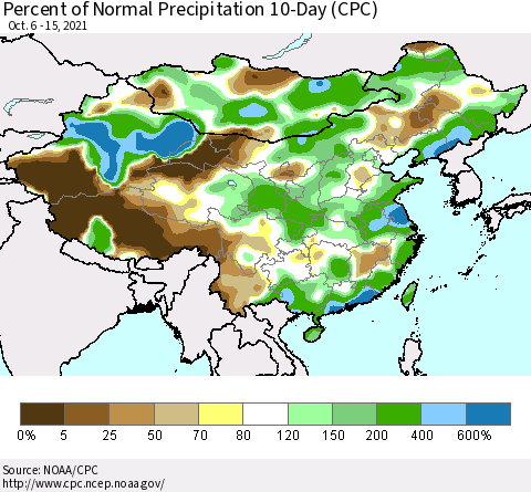China, Mongolia and Taiwan Percent of Normal Precipitation 10-Day (CPC) Thematic Map For 10/6/2021 - 10/15/2021