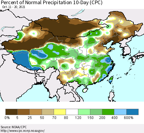 China, Mongolia and Taiwan Percent of Normal Precipitation 10-Day (CPC) Thematic Map For 10/11/2021 - 10/20/2021