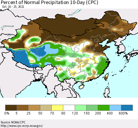 China, Mongolia and Taiwan Percent of Normal Precipitation 10-Day (CPC) Thematic Map For 10/16/2021 - 10/25/2021