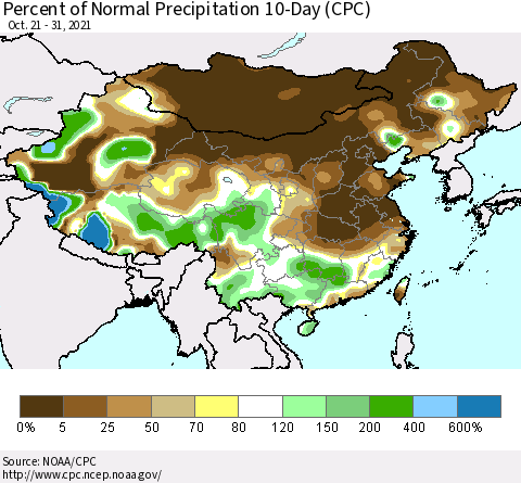 China, Mongolia and Taiwan Percent of Normal Precipitation 10-Day (CPC) Thematic Map For 10/21/2021 - 10/31/2021