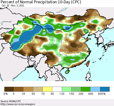 China, Mongolia and Taiwan Percent of Normal Precipitation 10-Day (CPC) Thematic Map For 10/26/2021 - 11/5/2021