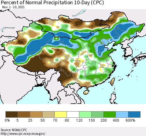 China, Mongolia and Taiwan Percent of Normal Precipitation 10-Day (CPC) Thematic Map For 11/1/2021 - 11/10/2021