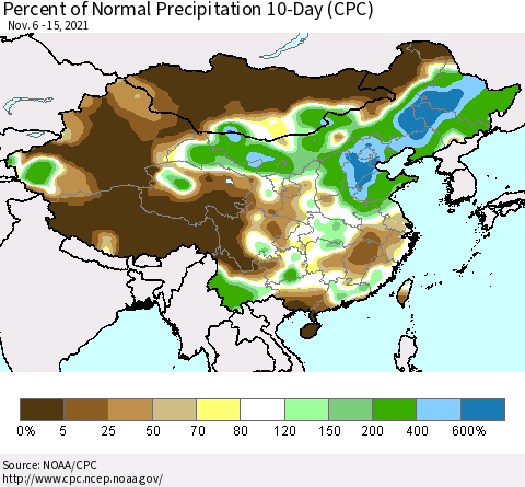 China, Mongolia and Taiwan Percent of Normal Precipitation 10-Day (CPC) Thematic Map For 11/6/2021 - 11/15/2021