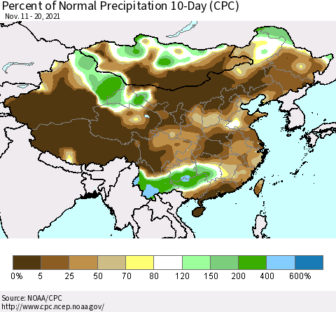 China, Mongolia and Taiwan Percent of Normal Precipitation 10-Day (CPC) Thematic Map For 11/11/2021 - 11/20/2021