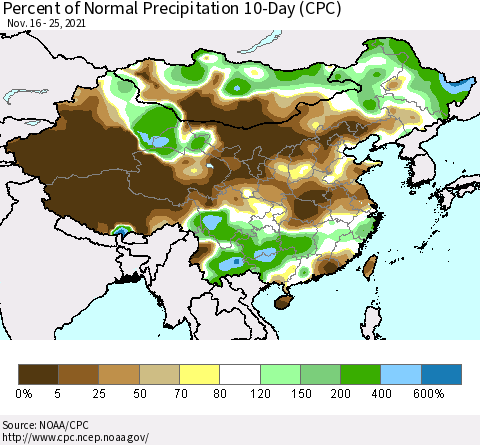 China, Mongolia and Taiwan Percent of Normal Precipitation 10-Day (CPC) Thematic Map For 11/16/2021 - 11/25/2021