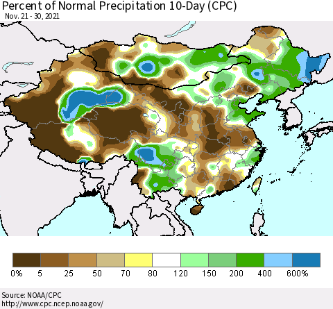China, Mongolia and Taiwan Percent of Normal Precipitation 10-Day (CPC) Thematic Map For 11/21/2021 - 11/30/2021