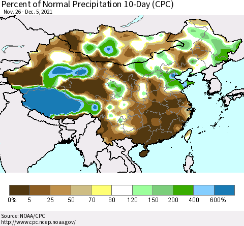 China, Mongolia and Taiwan Percent of Normal Precipitation 10-Day (CPC) Thematic Map For 11/26/2021 - 12/5/2021