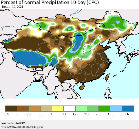 China, Mongolia and Taiwan Percent of Normal Precipitation 10-Day (CPC) Thematic Map For 12/1/2021 - 12/10/2021