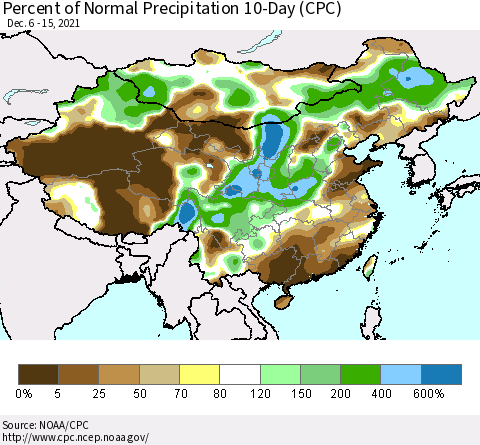 China, Mongolia and Taiwan Percent of Normal Precipitation 10-Day (CPC) Thematic Map For 12/6/2021 - 12/15/2021