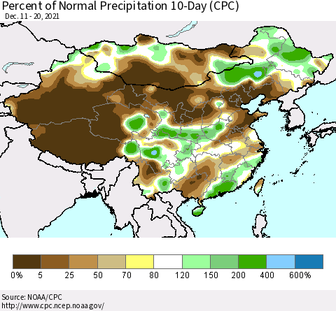 China, Mongolia and Taiwan Percent of Normal Precipitation 10-Day (CPC) Thematic Map For 12/11/2021 - 12/20/2021