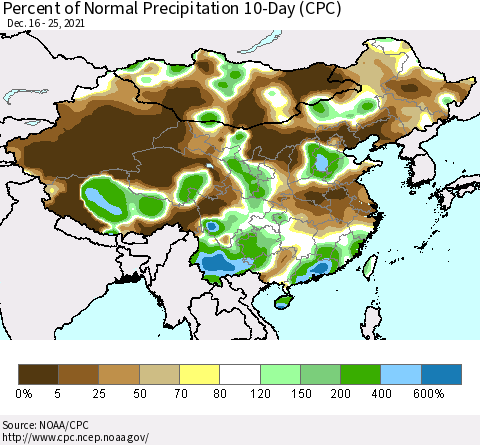 China, Mongolia and Taiwan Percent of Normal Precipitation 10-Day (CPC) Thematic Map For 12/16/2021 - 12/25/2021