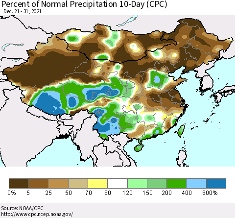 China, Mongolia and Taiwan Percent of Normal Precipitation 10-Day (CPC) Thematic Map For 12/21/2021 - 12/31/2021