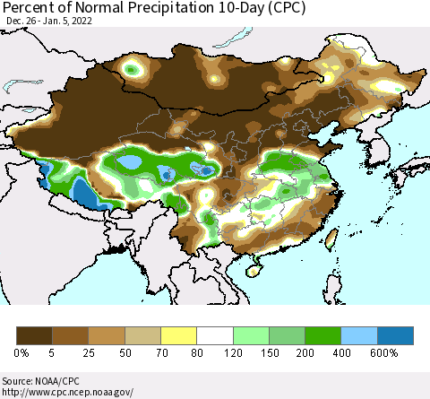 China, Mongolia and Taiwan Percent of Normal Precipitation 10-Day (CPC) Thematic Map For 12/26/2021 - 1/5/2022