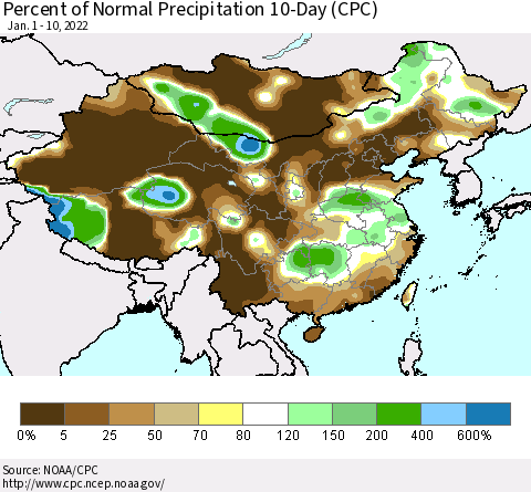 China, Mongolia and Taiwan Percent of Normal Precipitation 10-Day (CPC) Thematic Map For 1/1/2022 - 1/10/2022