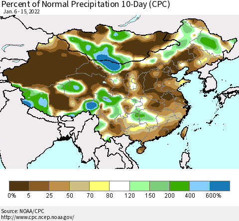 China, Mongolia and Taiwan Percent of Normal Precipitation 10-Day (CPC) Thematic Map For 1/6/2022 - 1/15/2022
