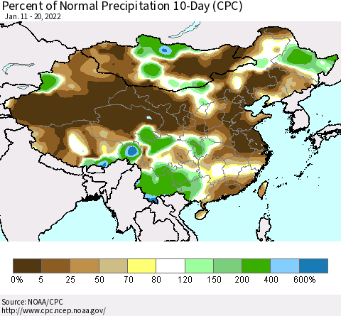 China, Mongolia and Taiwan Percent of Normal Precipitation 10-Day (CPC) Thematic Map For 1/11/2022 - 1/20/2022