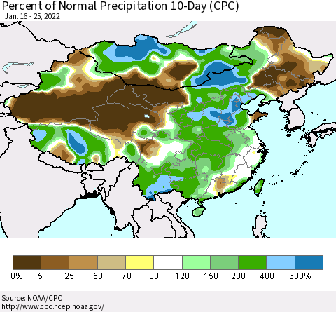 China, Mongolia and Taiwan Percent of Normal Precipitation 10-Day (CPC) Thematic Map For 1/16/2022 - 1/25/2022