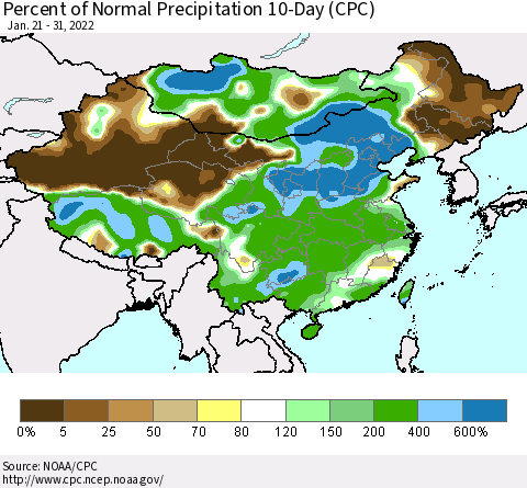 China, Mongolia and Taiwan Percent of Normal Precipitation 10-Day (CPC) Thematic Map For 1/21/2022 - 1/31/2022