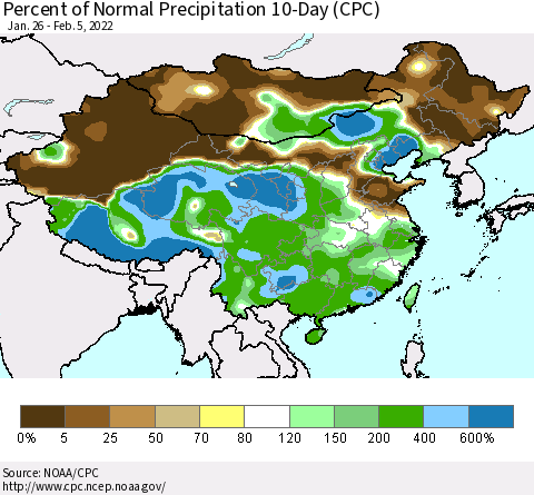 China, Mongolia and Taiwan Percent of Normal Precipitation 10-Day (CPC) Thematic Map For 1/26/2022 - 2/5/2022