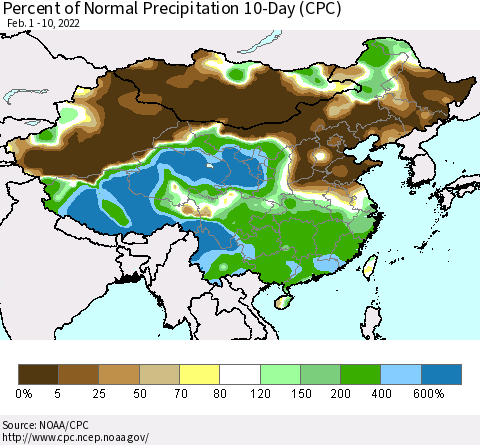 China, Mongolia and Taiwan Percent of Normal Precipitation 10-Day (CPC) Thematic Map For 2/1/2022 - 2/10/2022